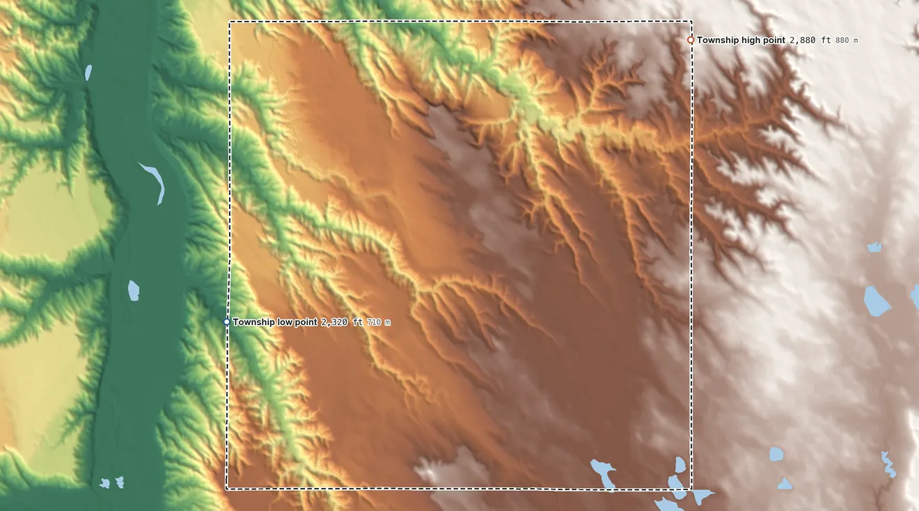 Topographic elevation map of Cedar Butte Township, South Dakota, shaded from 2,320 ft on the northwest side to 2,880 ft on the northeast side