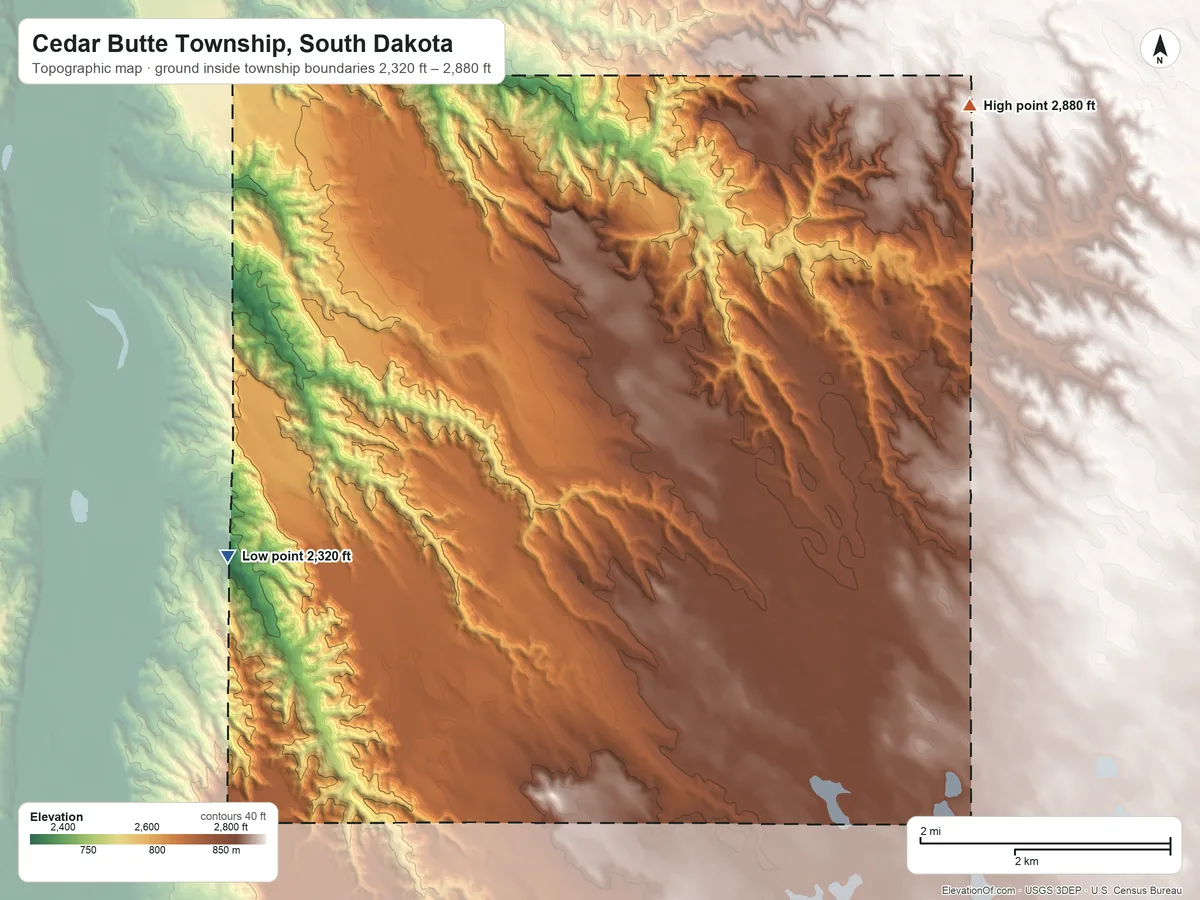 Topographic elevation map of Cedar Butte Township, South Dakota, shaded from 2,320 ft on the northwest side to 2,880 ft on the northeast side
