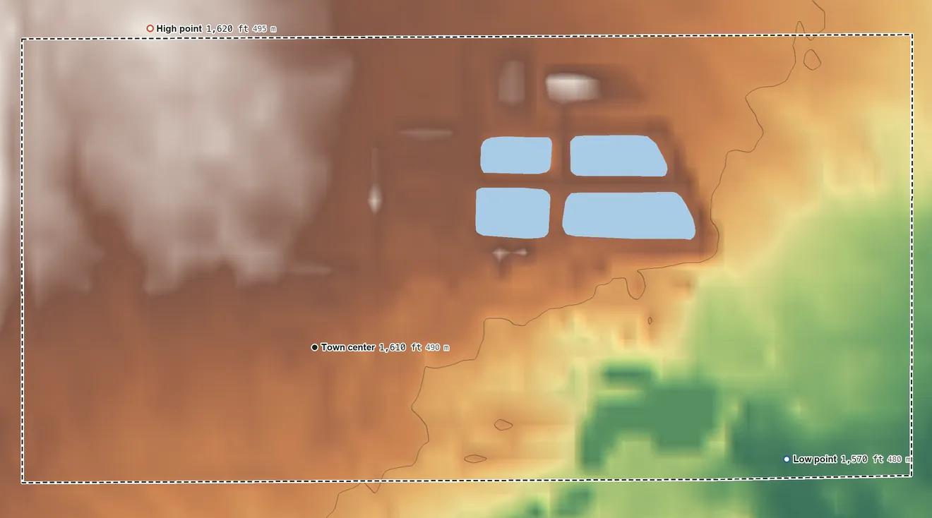 Topographic elevation map of Cedar Grove Colony, South Dakota, shaded from 1,570 ft on the east side to 1,620 ft on the northwest side