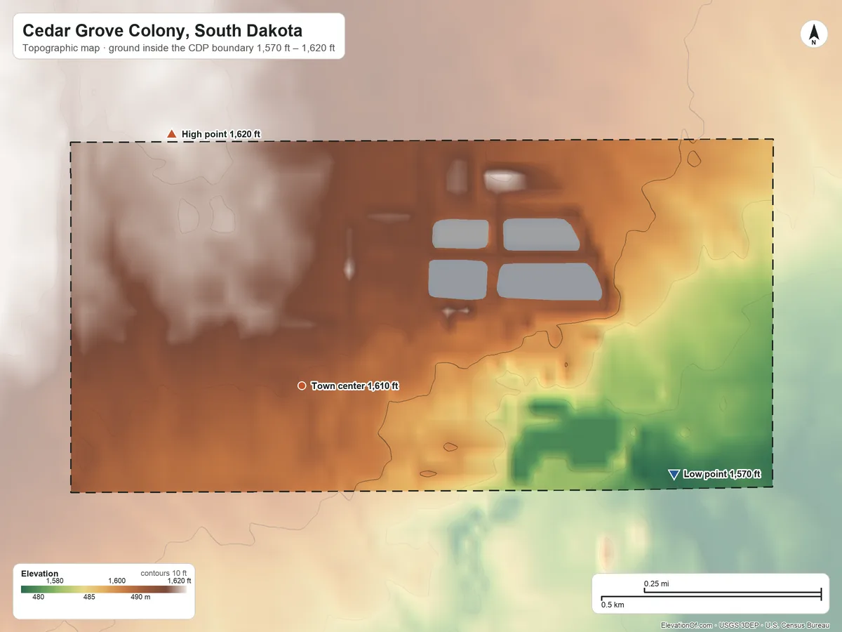 Topographic elevation map of Cedar Grove Colony, South Dakota, shaded from 1,570 ft on the east side to 1,620 ft on the northwest side