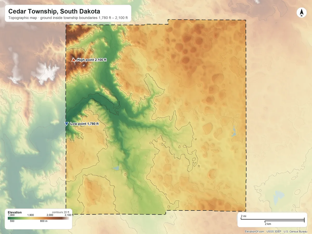 Topographic elevation map of Cedar Township, South Dakota, shaded from 1,780 ft on the west side to 2,100 ft on the west side