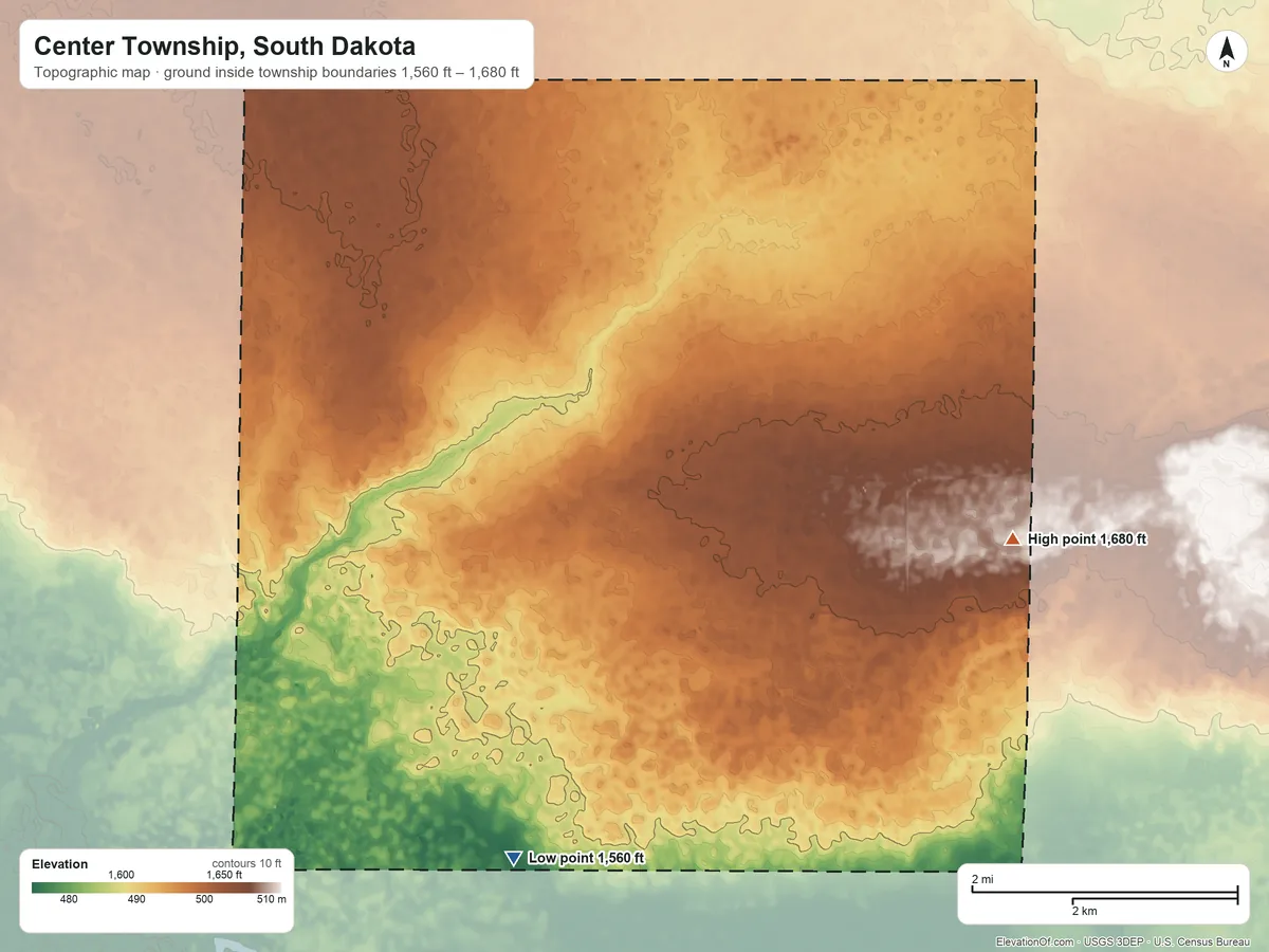 Topographic elevation map of Center Township, South Dakota, shaded from 1,560 ft on the southwest side to 1,680 ft on the east side