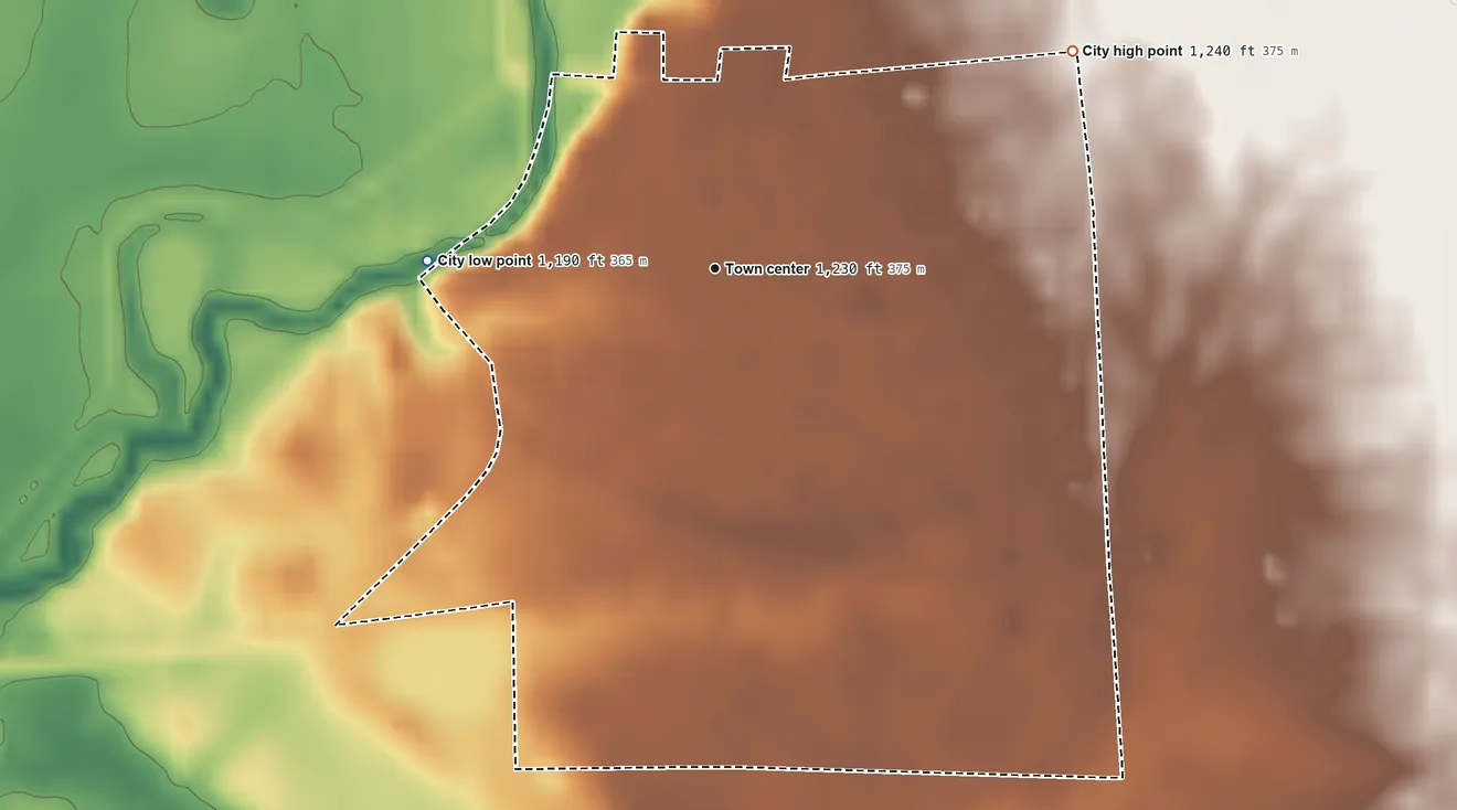 Topographic elevation map of Centerville, South Dakota, shaded from 1,190 ft on the west side to 1,240 ft on the northeast side
