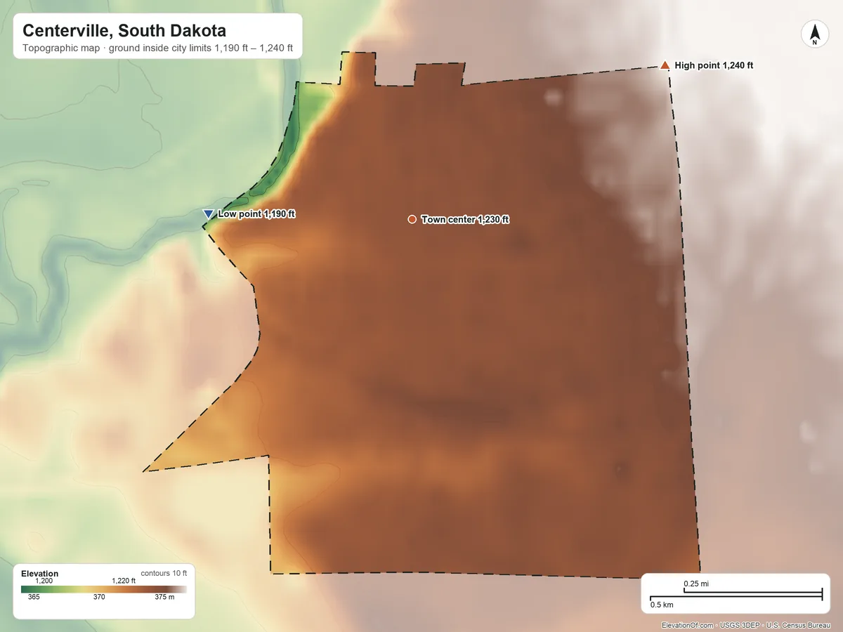 Topographic elevation map of Centerville, South Dakota, shaded from 1,190 ft on the west side to 1,240 ft on the northeast side