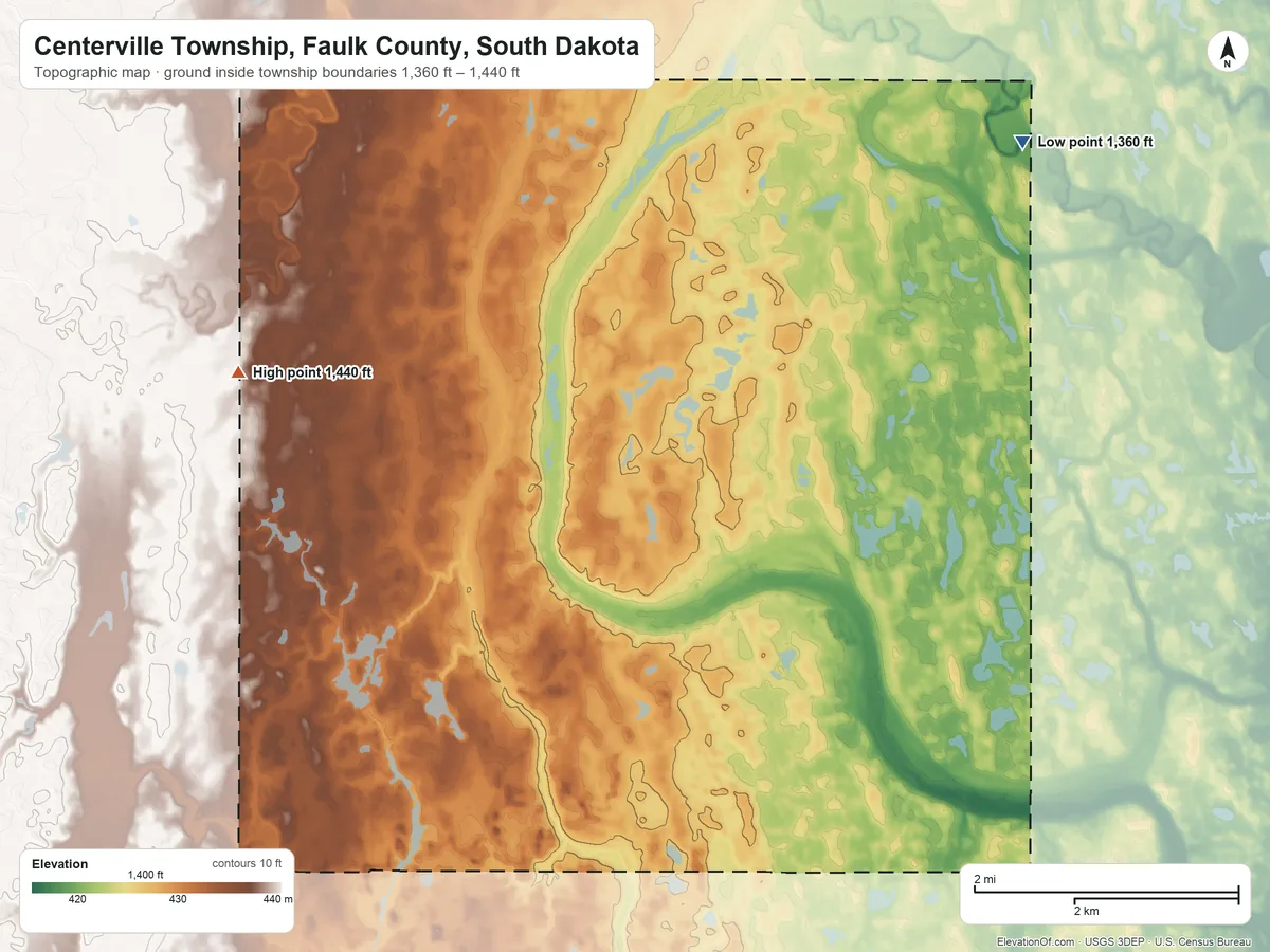 Topographic elevation map of Centerville Township, Faulk County, South Dakota, shaded from 1,360 ft on the northeast side to 1,440 ft on the west side