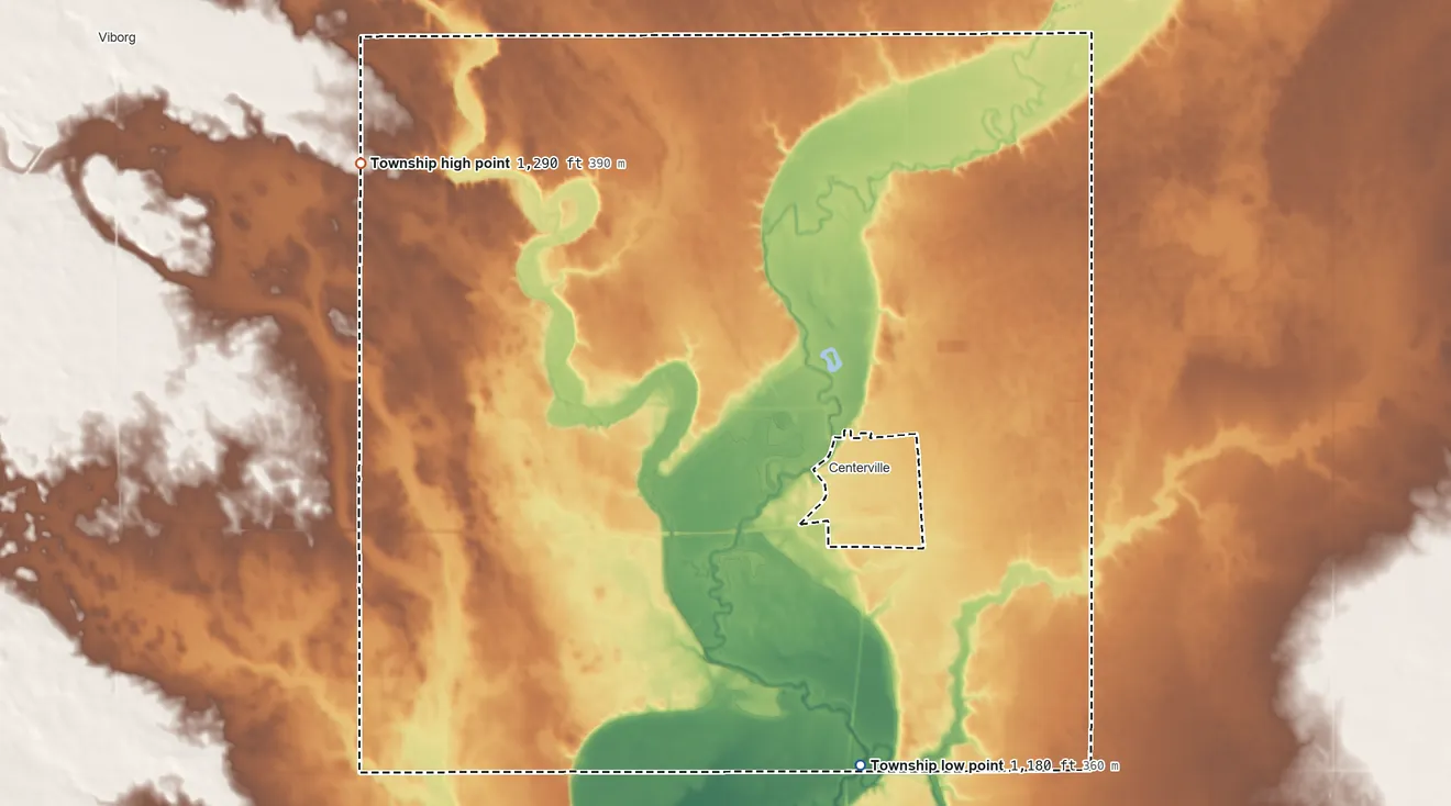 Topographic elevation map of Centerville Township, South Dakota, shaded from 1,180 ft on the southeast side to 1,290 ft on the northwest side