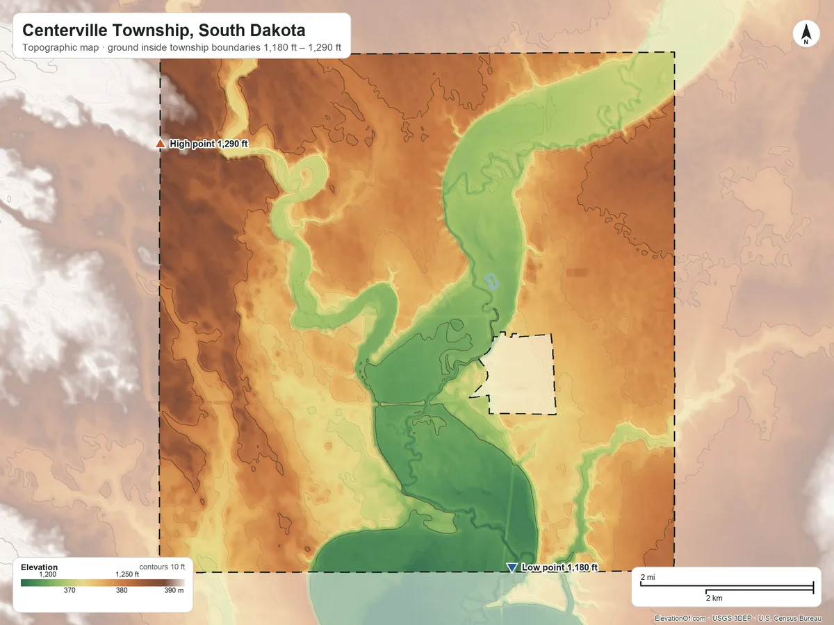 Topographic elevation map of Centerville Township, South Dakota, shaded from 1,180 ft on the southeast side to 1,290 ft on the northwest side