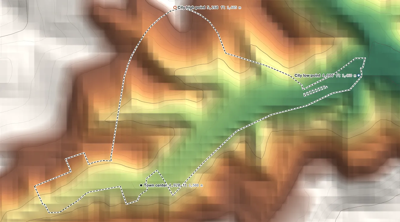 Topographic elevation map of Central City, South Dakota, shaded from 4,800 ft on the northeast side to 5,260 ft at the foot of the Black Hills