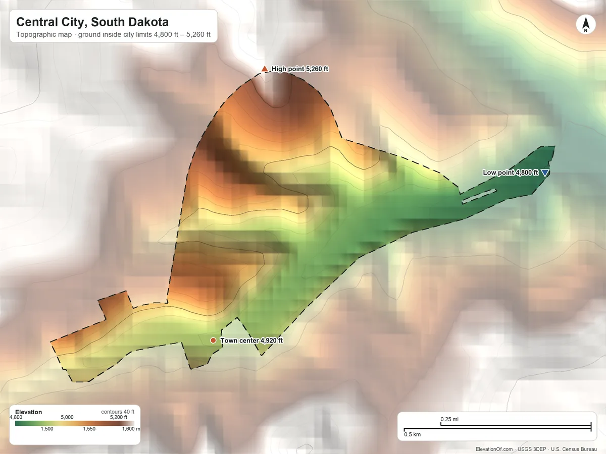 Topographic elevation map of Central City, South Dakota, shaded from 4,800 ft on the northeast side to 5,260 ft at the foot of the Black Hills