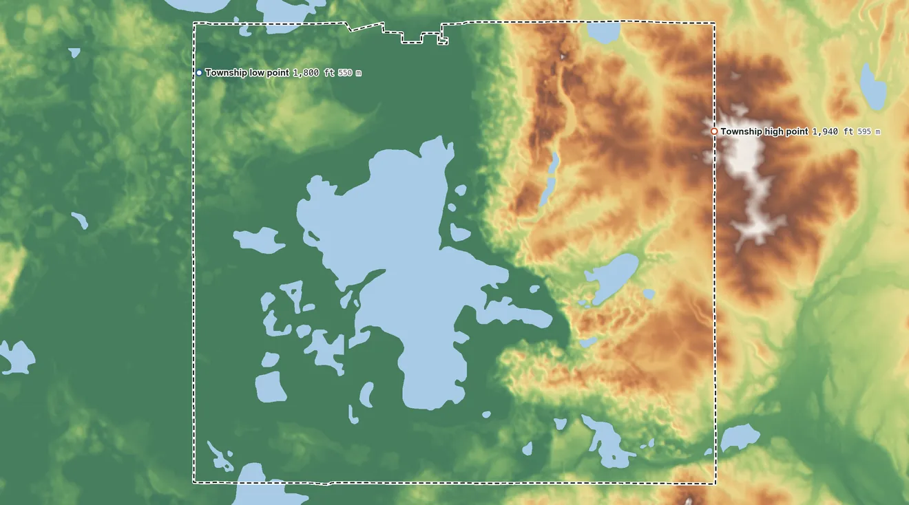 Topographic elevation map of Central Point Township, South Dakota, shaded from 1,800 ft on the west side to 1,940 ft on the east side