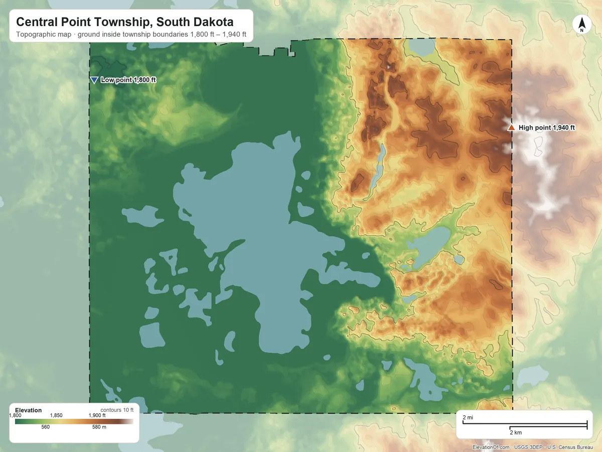 Topographic elevation map of Central Point Township, South Dakota, shaded from 1,800 ft on the west side to 1,940 ft on the east side