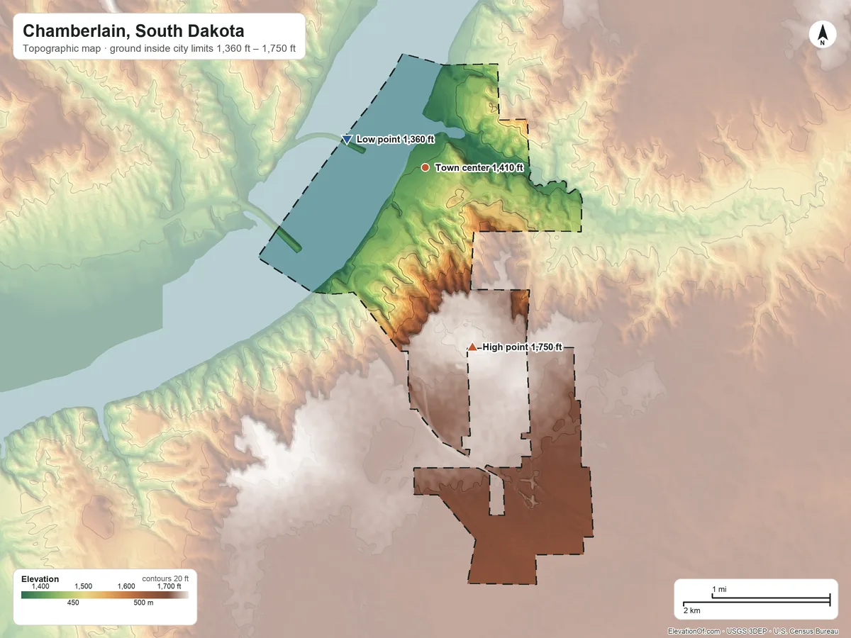 Topographic elevation map of Chamberlain, South Dakota, shaded from 1,360 ft on the west side to 1,750 ft on the south side