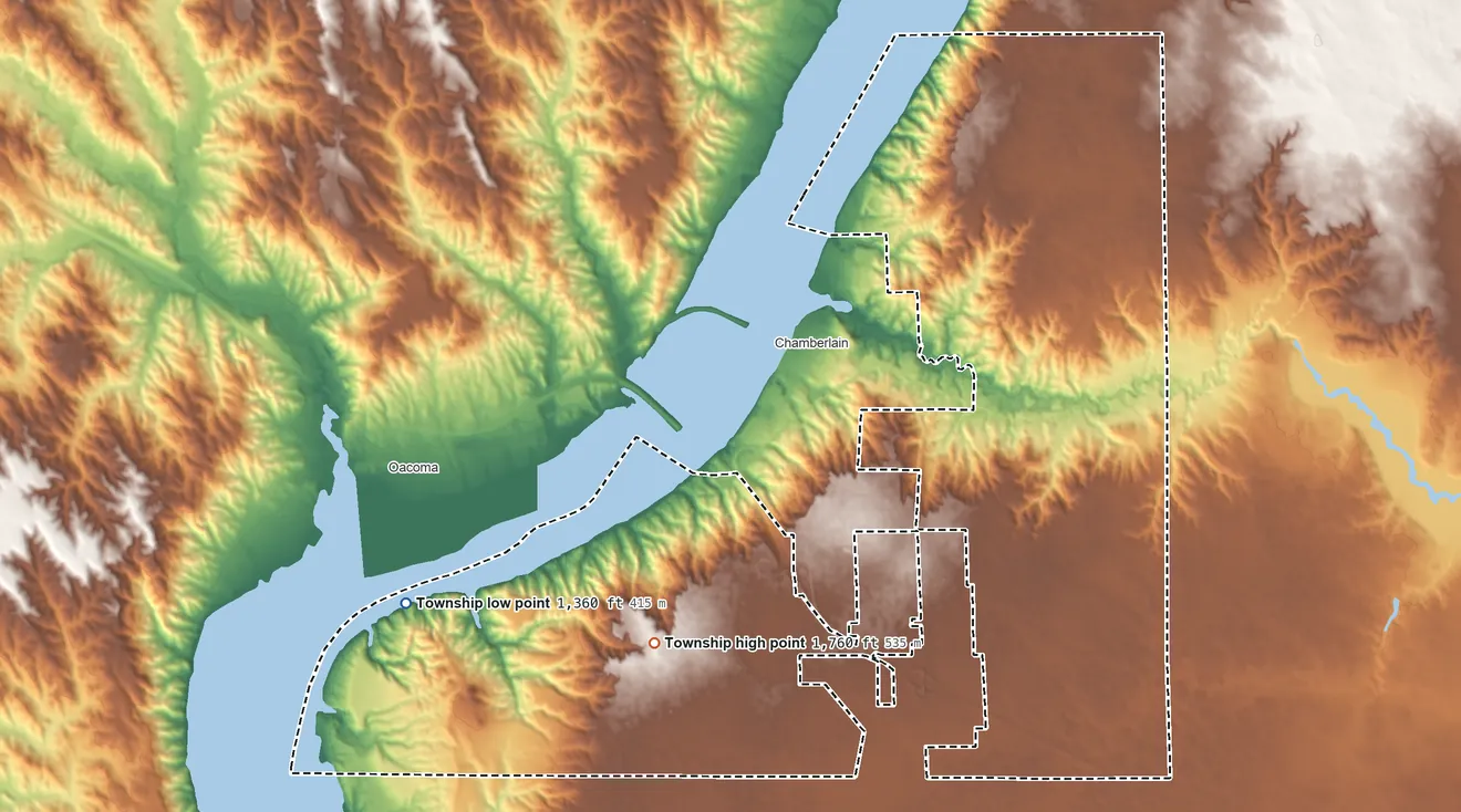 Topographic elevation map of Chamberlain Township, South Dakota, shaded from 1,360 ft on the west side to 1,760 ft on the southwest side