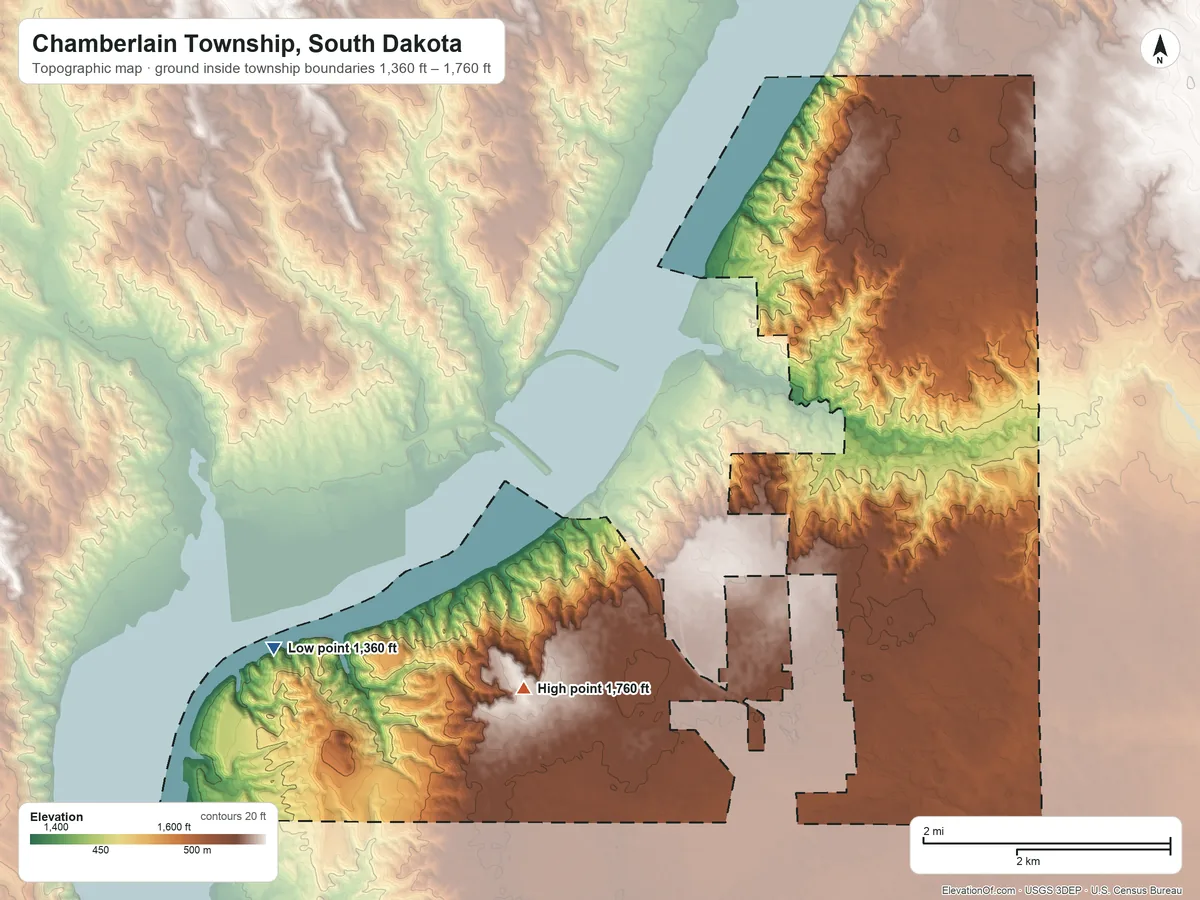 Topographic elevation map of Chamberlain Township, South Dakota, shaded from 1,360 ft on the west side to 1,760 ft on the southwest side