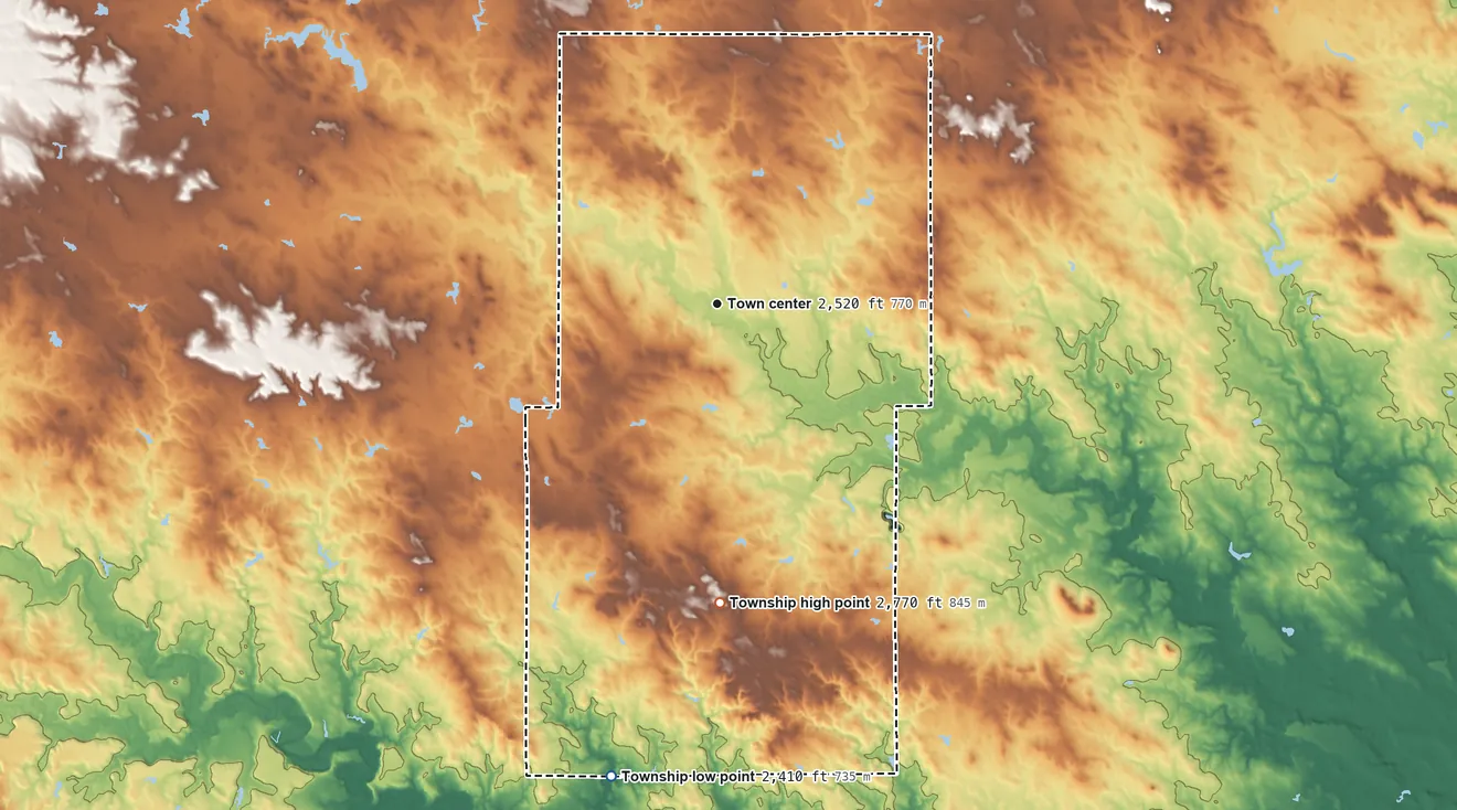 Topographic elevation map of Chance Township, South Dakota, shaded from 2,410 ft on the south side to 2,770 ft on the south side