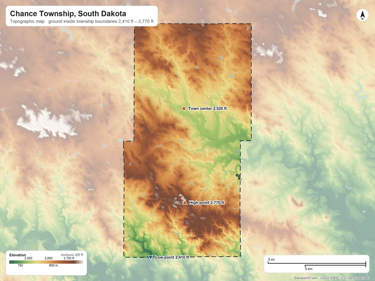 Topographic elevation map of Chance Township, South Dakota, shaded from 2,410 ft on the south side to 2,770 ft on the south side