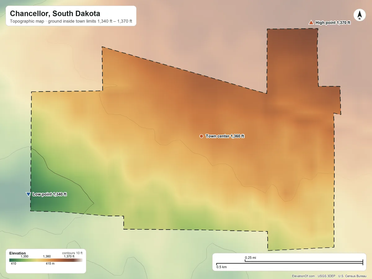 Topographic elevation map of Chancellor, South Dakota, shaded from 1,340 ft on the west side to 1,370 ft on the northeast side