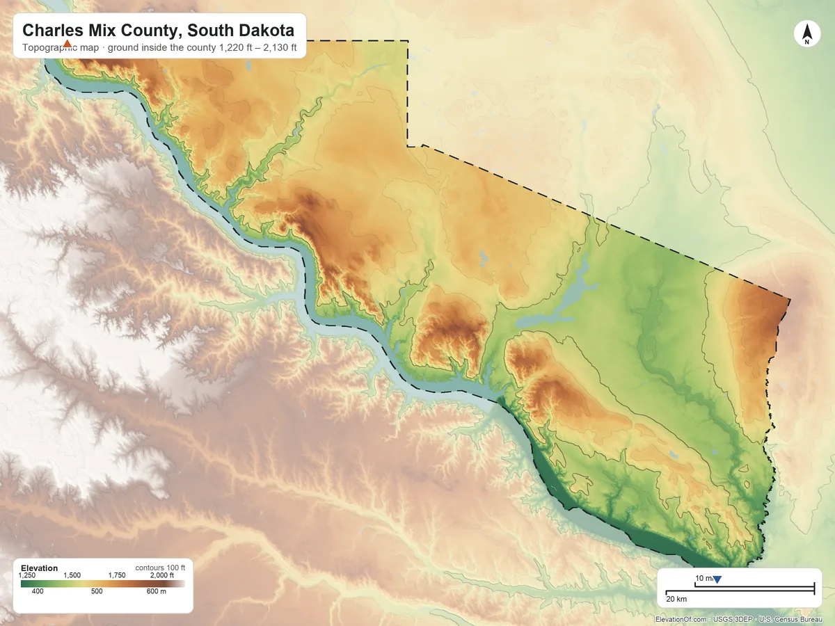 Topographic elevation map of Charles Mix County, South Dakota, shaded from 1,220 ft on the southeast side to 2,130 ft on the northwest side