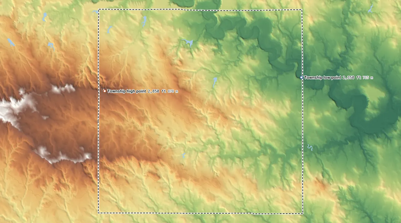 Topographic elevation map of Chaudoin Township, South Dakota, shaded from 2,350 ft on the east side to 2,850 ft on the west side