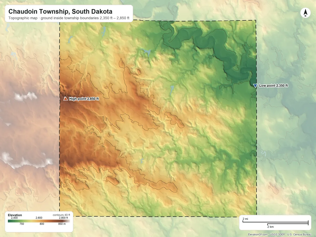 Topographic elevation map of Chaudoin Township, South Dakota, shaded from 2,350 ft on the east side to 2,850 ft on the west side