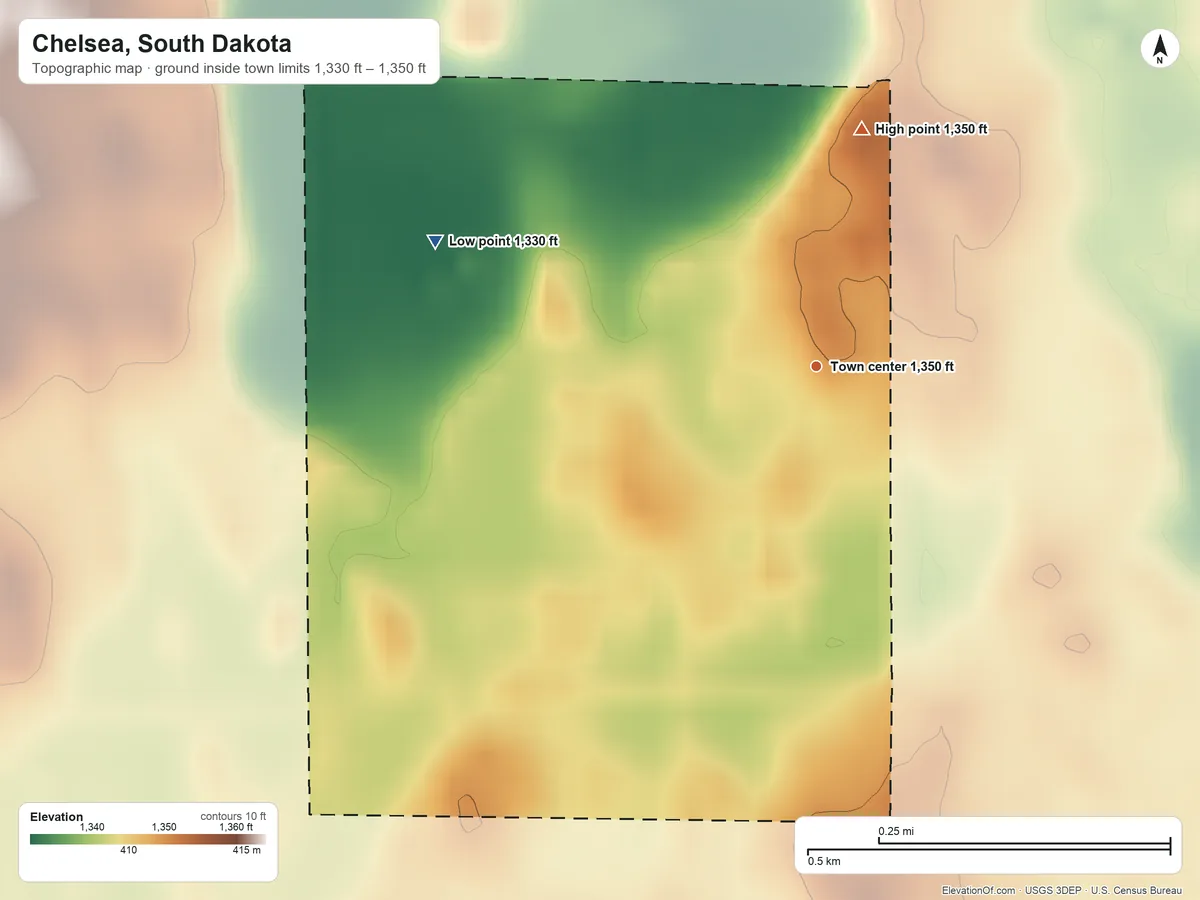 Topographic elevation map of Chelsea, South Dakota, shaded from 1,330 ft on the west side to 1,350 ft on the north side