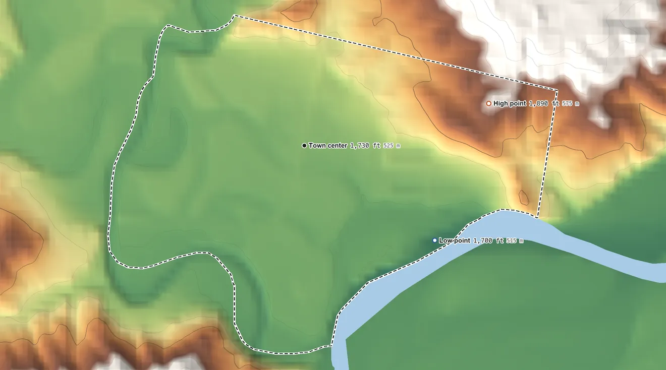Topographic elevation map of Cherry Creek, South Dakota, shaded from 1,700 ft on the southeast side to 1,890 ft on the east side