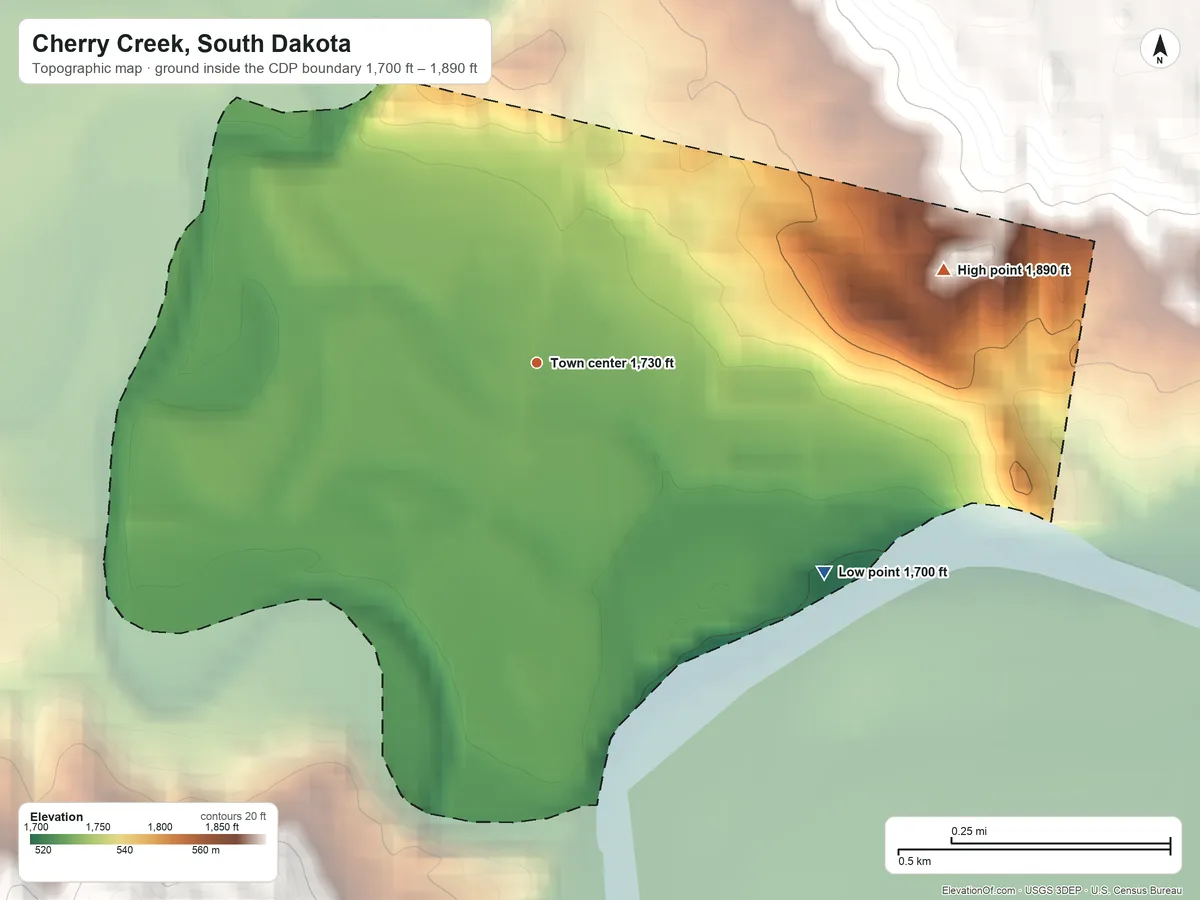 Topographic elevation map of Cherry Creek, South Dakota, shaded from 1,700 ft on the southeast side to 1,890 ft on the east side