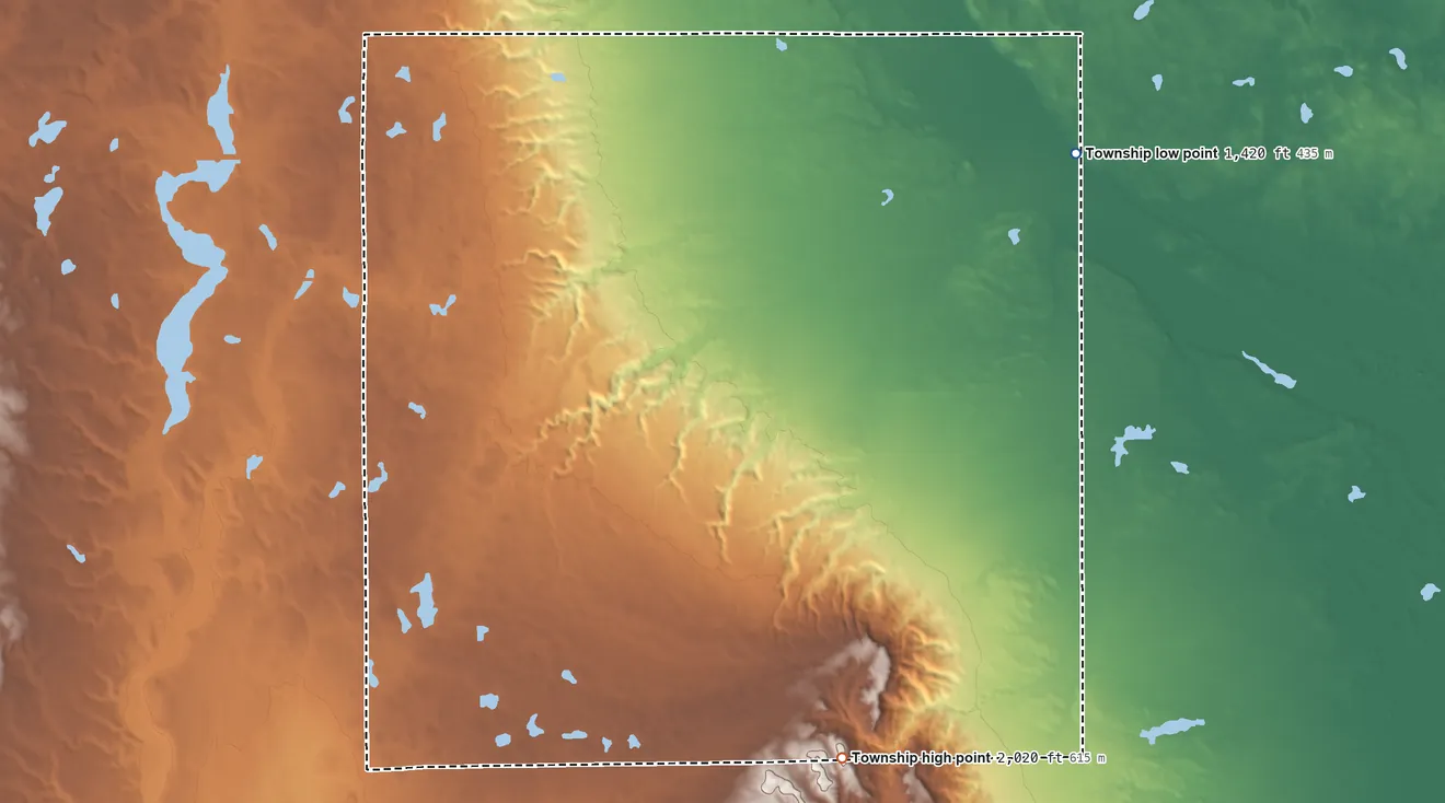 Topographic elevation map of Chery Township, South Dakota, shaded from 1,420 ft on the east side to 2,020 ft on the south side