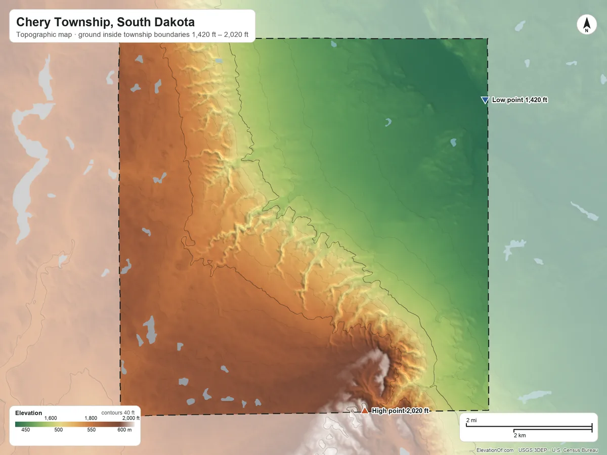 Topographic elevation map of Chery Township, South Dakota, shaded from 1,420 ft on the east side to 2,020 ft on the south side