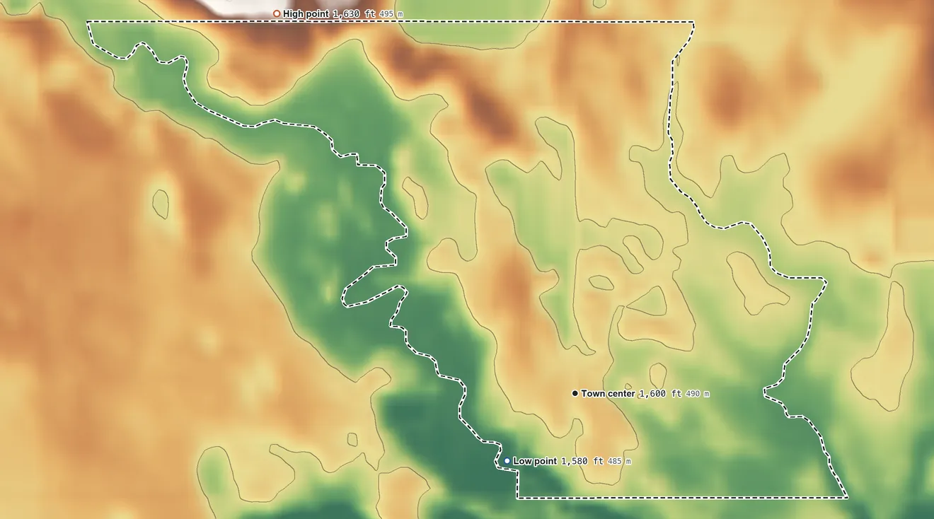 Topographic elevation map of Chester, South Dakota, shaded from 1,580 ft on the southwest side to 1,630 ft on the northwest side
