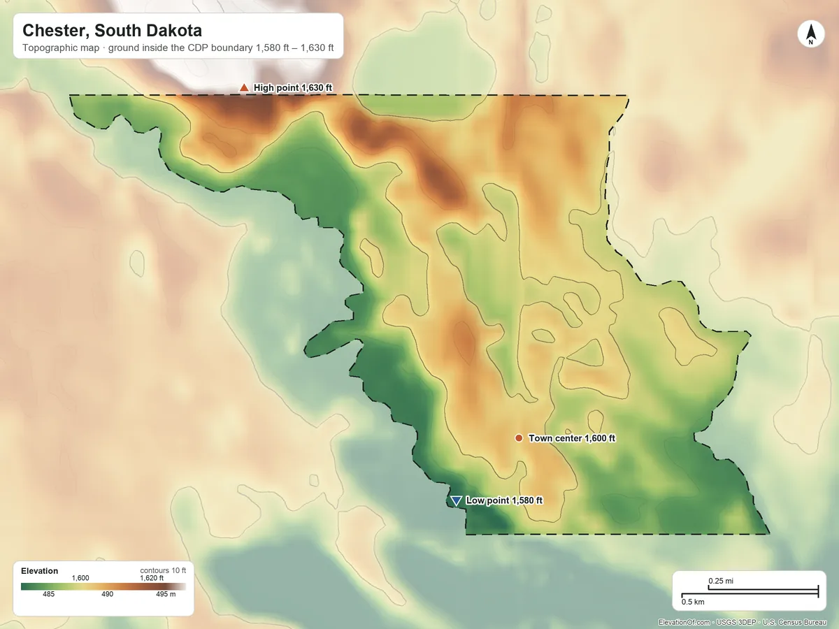 Topographic elevation map of Chester, South Dakota, shaded from 1,580 ft on the southwest side to 1,630 ft on the northwest side
