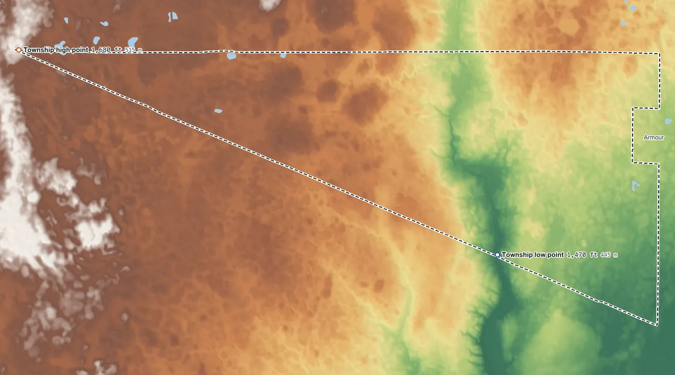 Topographic elevation map of Chester Township, Douglas County, South Dakota, shaded from 1,470 ft on the south side to 1,680 ft on the west side