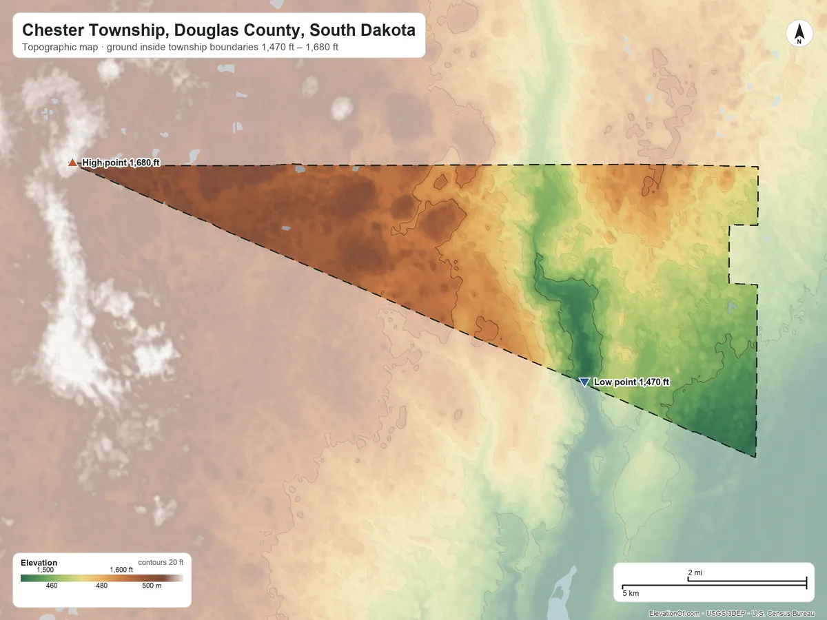 Topographic elevation map of Chester Township, Douglas County, South Dakota, shaded from 1,470 ft on the south side to 1,680 ft on the west side