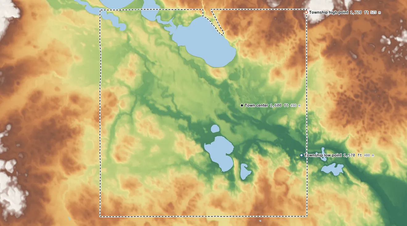 Topographic elevation map of Chester Township, South Dakota, shaded from 1,570 ft on the southeast side to 1,720 ft on the northeast side