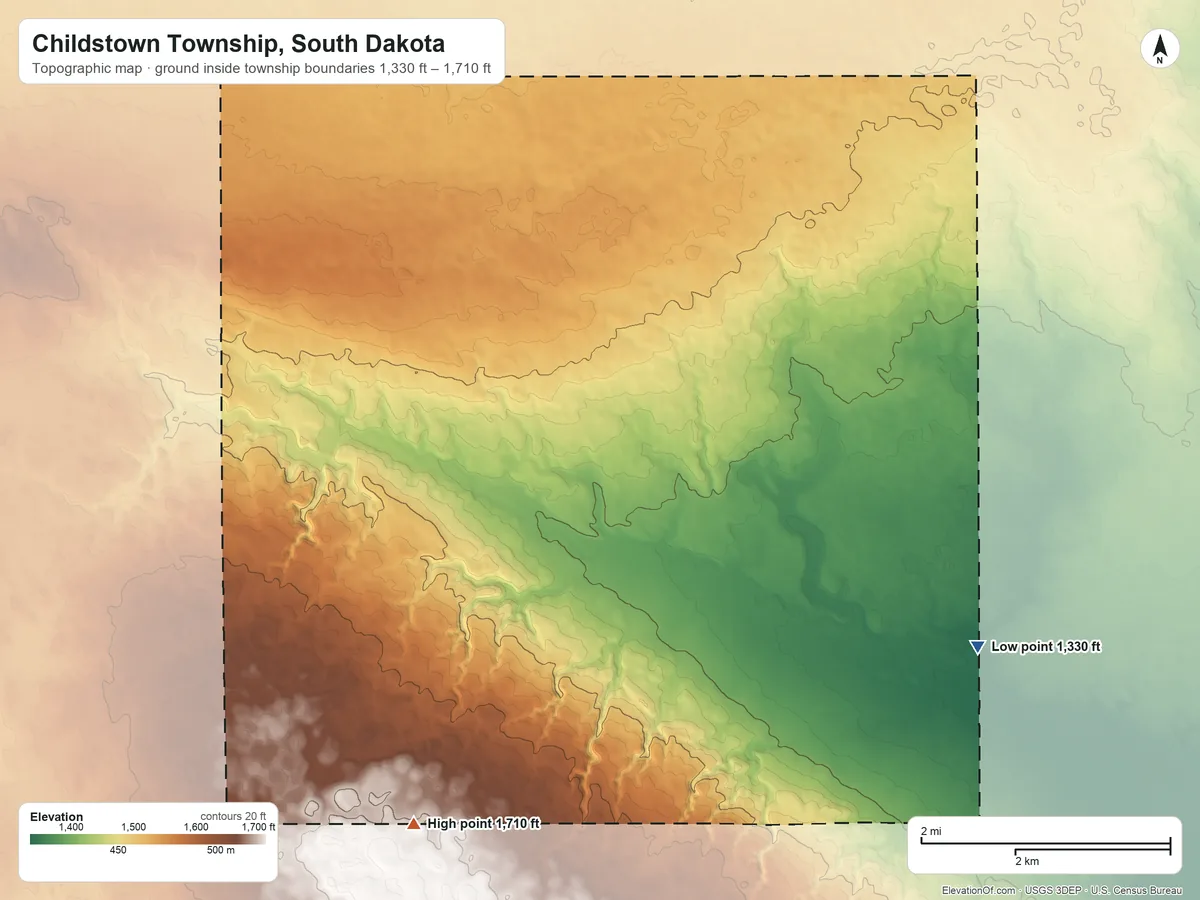 Topographic elevation map of Childstown Township, South Dakota, shaded from 1,330 ft on the east side to 1,710 ft on the southwest side