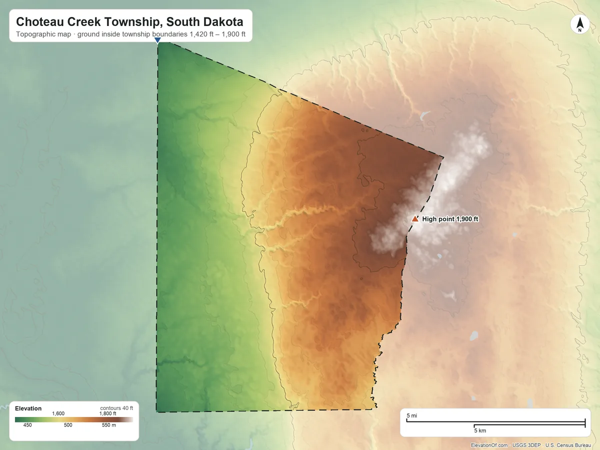 Topographic elevation map of Choteau Creek Township, South Dakota, shaded from 1,420 ft on the northwest side to 1,900 ft on the east side