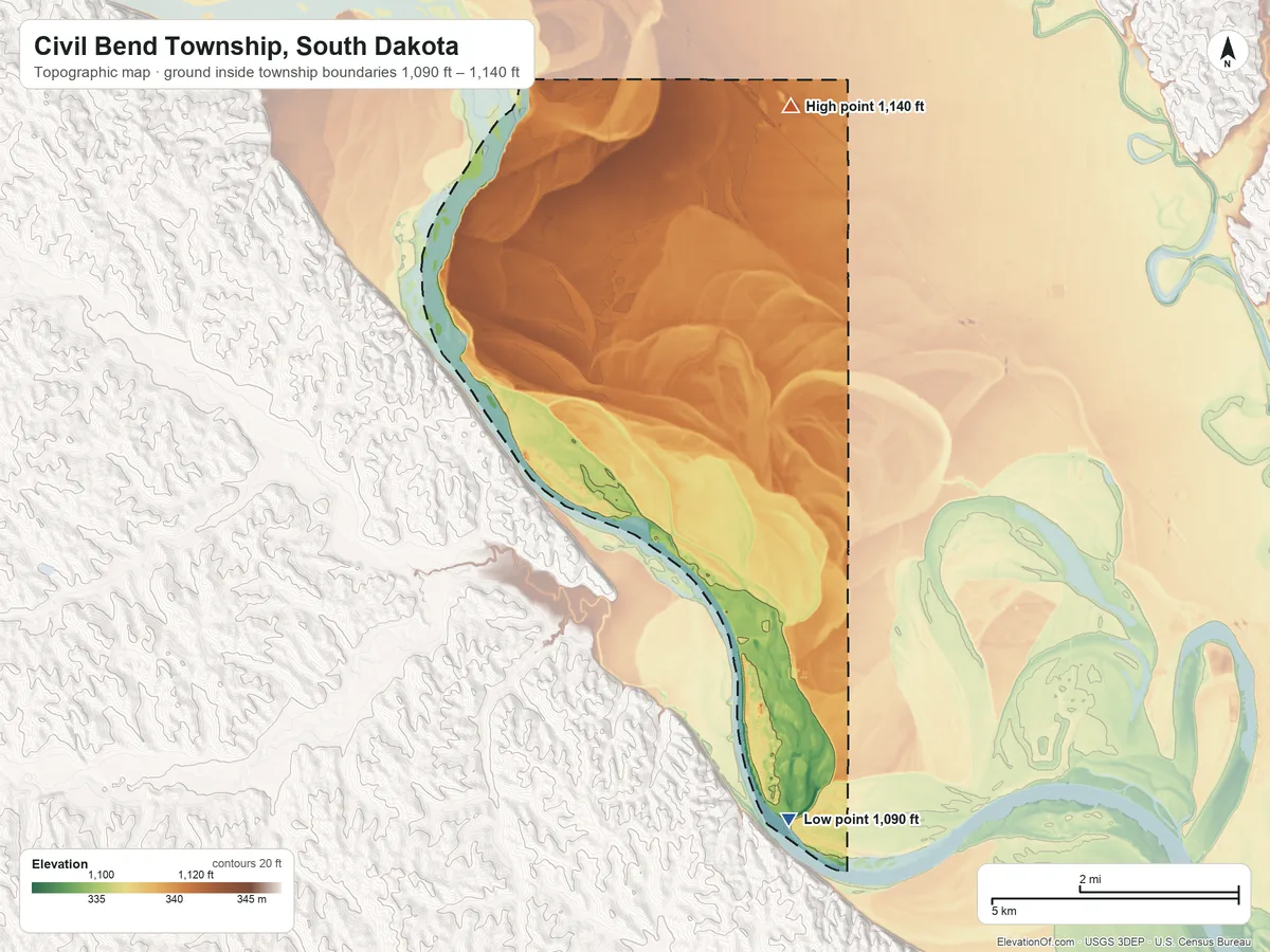 Topographic elevation map of Civil Bend Township, South Dakota, shaded from 1,090 ft on the south side to 1,140 ft on the north side