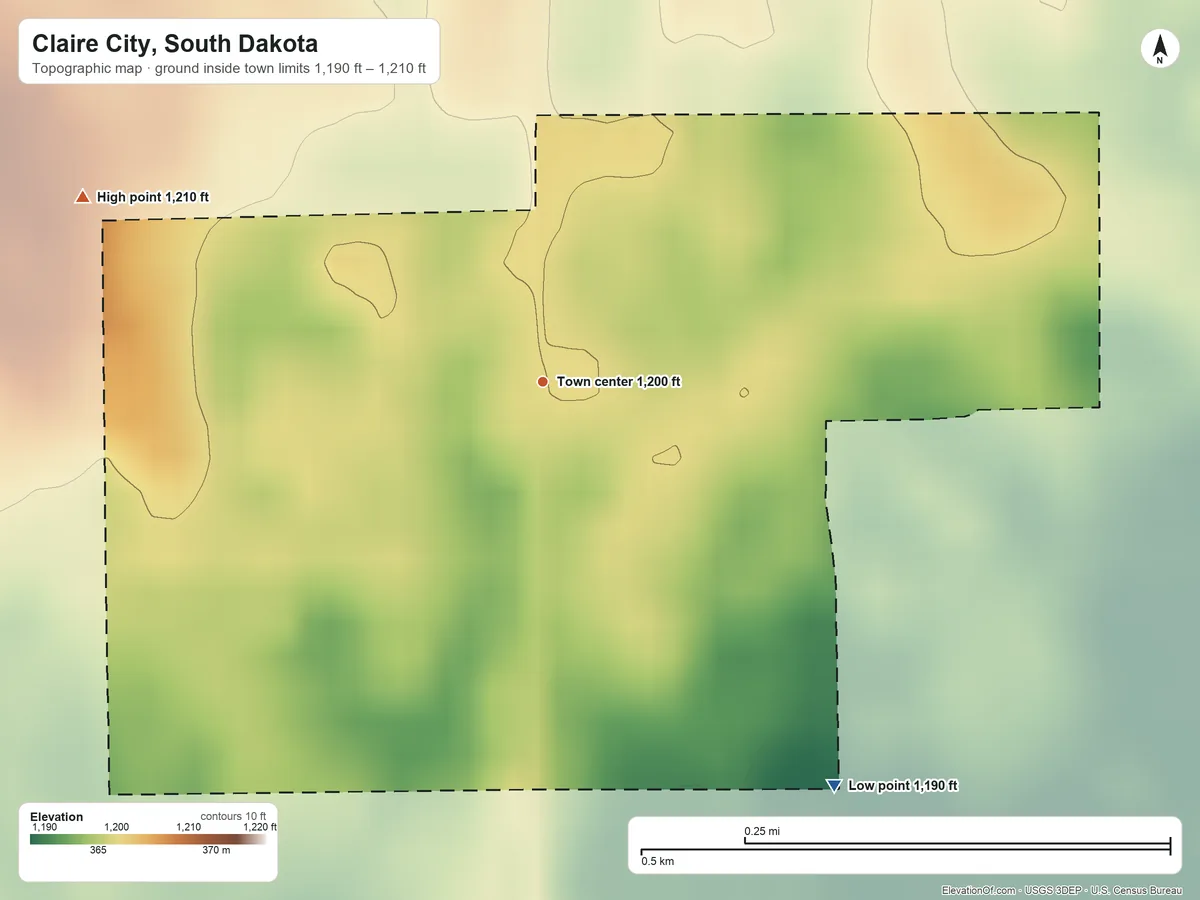 Topographic elevation map of Claire City, South Dakota, shaded from 1,190 ft on the southeast side to 1,210 ft on the west side