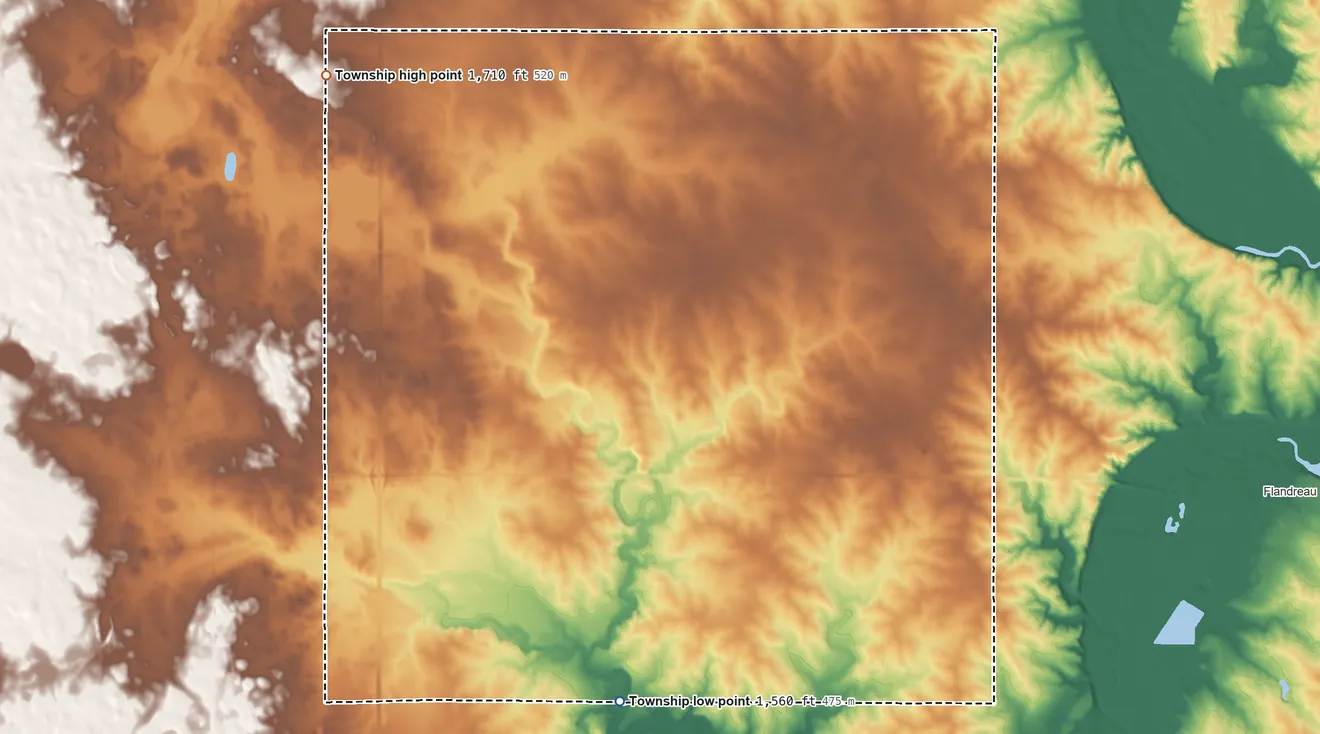 Topographic elevation map of Clare Township, South Dakota, shaded from 1,560 ft on the south side to 1,710 ft on the northwest side
