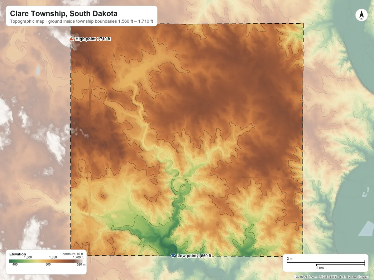 Topographic elevation map of Clare Township, South Dakota, shaded from 1,560 ft on the south side to 1,710 ft on the northwest side