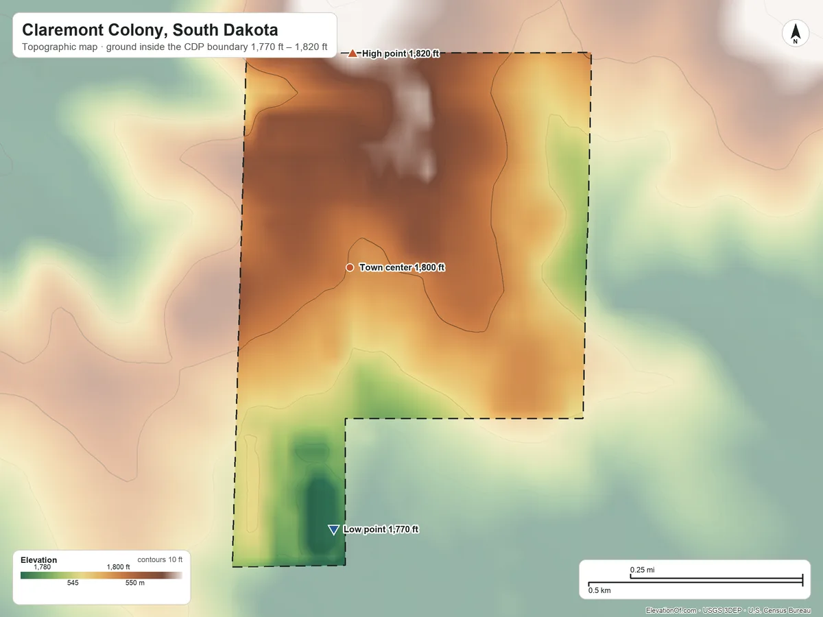 Topographic elevation map of Claremont Colony, South Dakota, shaded from 1,770 ft on the south side to 1,820 ft on the north side