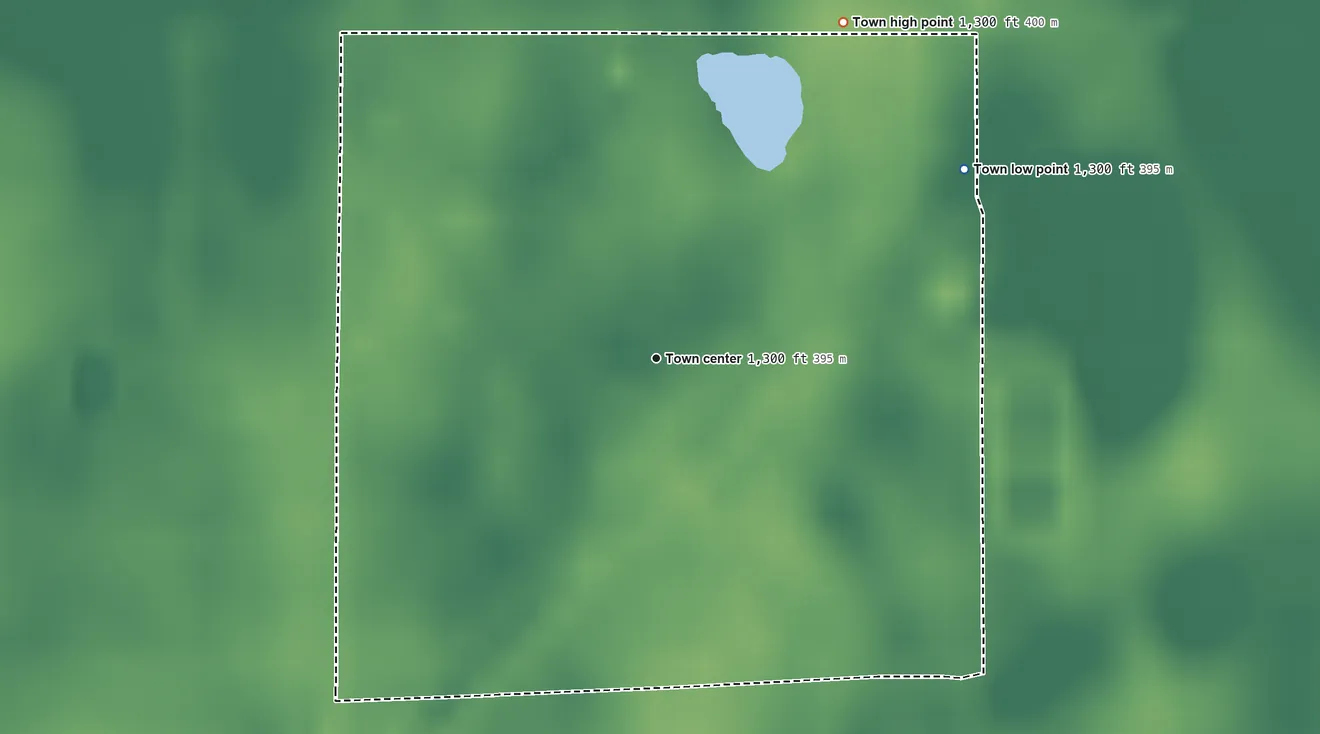 Topographic elevation map of Claremont, South Dakota, shaded from 1,300 ft on the northeast side to 1,300 ft on the northeast side