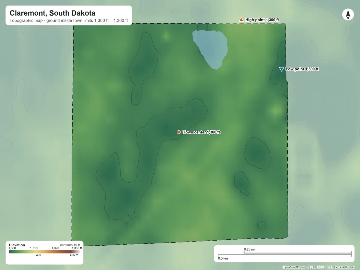 Topographic elevation map of Claremont, South Dakota, shaded from 1,300 ft on the northeast side to 1,300 ft on the northeast side
