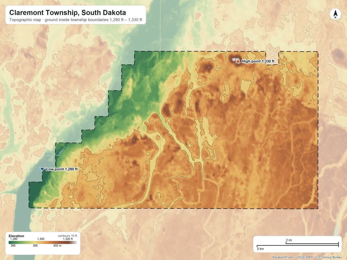 Topographic elevation map of Claremont Township, South Dakota, shaded from 1,280 ft on the west side to 1,330 ft on the northeast side
