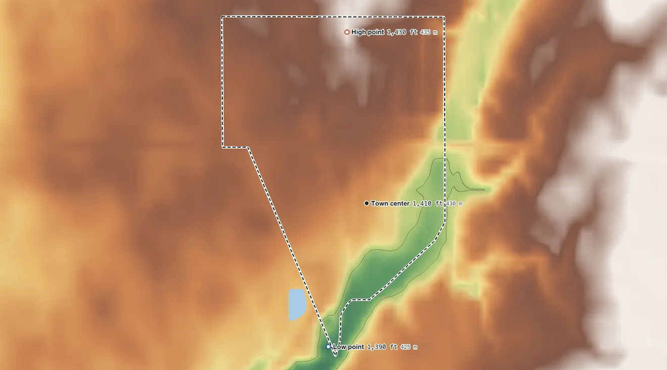 Topographic elevation map of Clark Colony, South Dakota, shaded from 1,390 ft on the south side to 1,430 ft on the north side