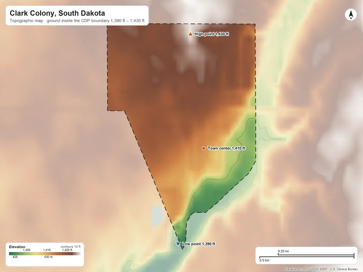 Topographic elevation map of Clark Colony, South Dakota, shaded from 1,390 ft on the south side to 1,430 ft on the north side