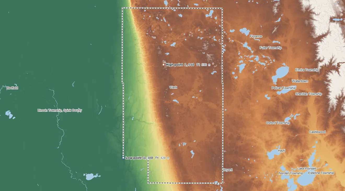 Topographic elevation map of Clark County, South Dakota, shaded from 1,380 ft on the southwest side to 1,940 ft on the north side