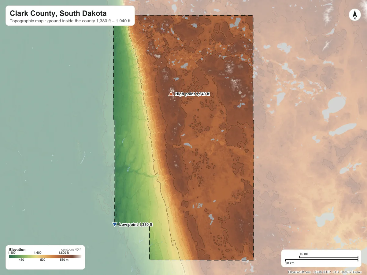 Topographic elevation map of Clark County, South Dakota, shaded from 1,380 ft on the southwest side to 1,940 ft on the north side