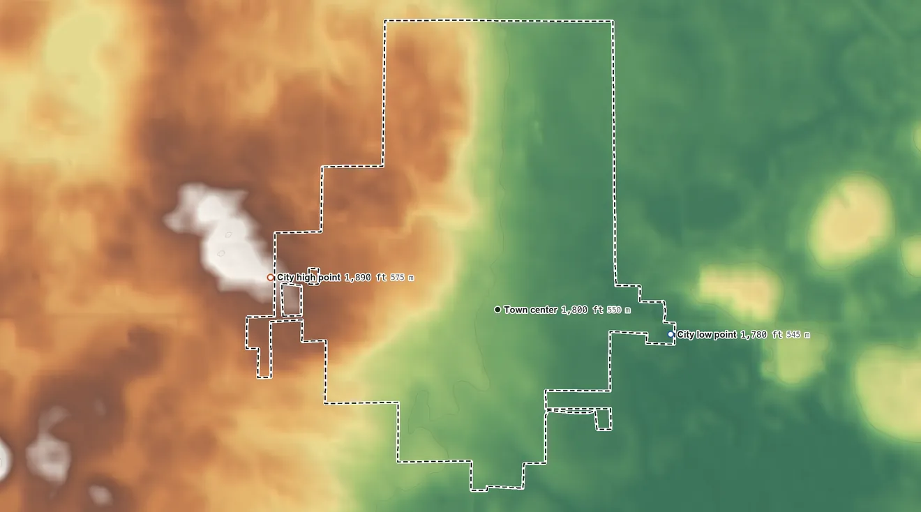 Topographic elevation map of Clark, South Dakota, shaded from 1,780 ft on the east side to 1,890 ft on the west side
