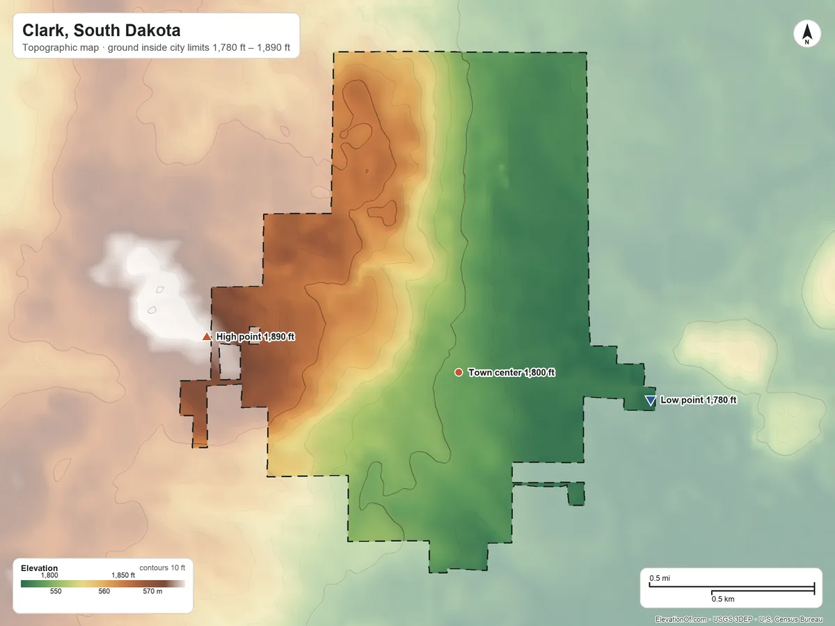 Topographic elevation map of Clark, South Dakota, shaded from 1,780 ft on the east side to 1,890 ft on the west side